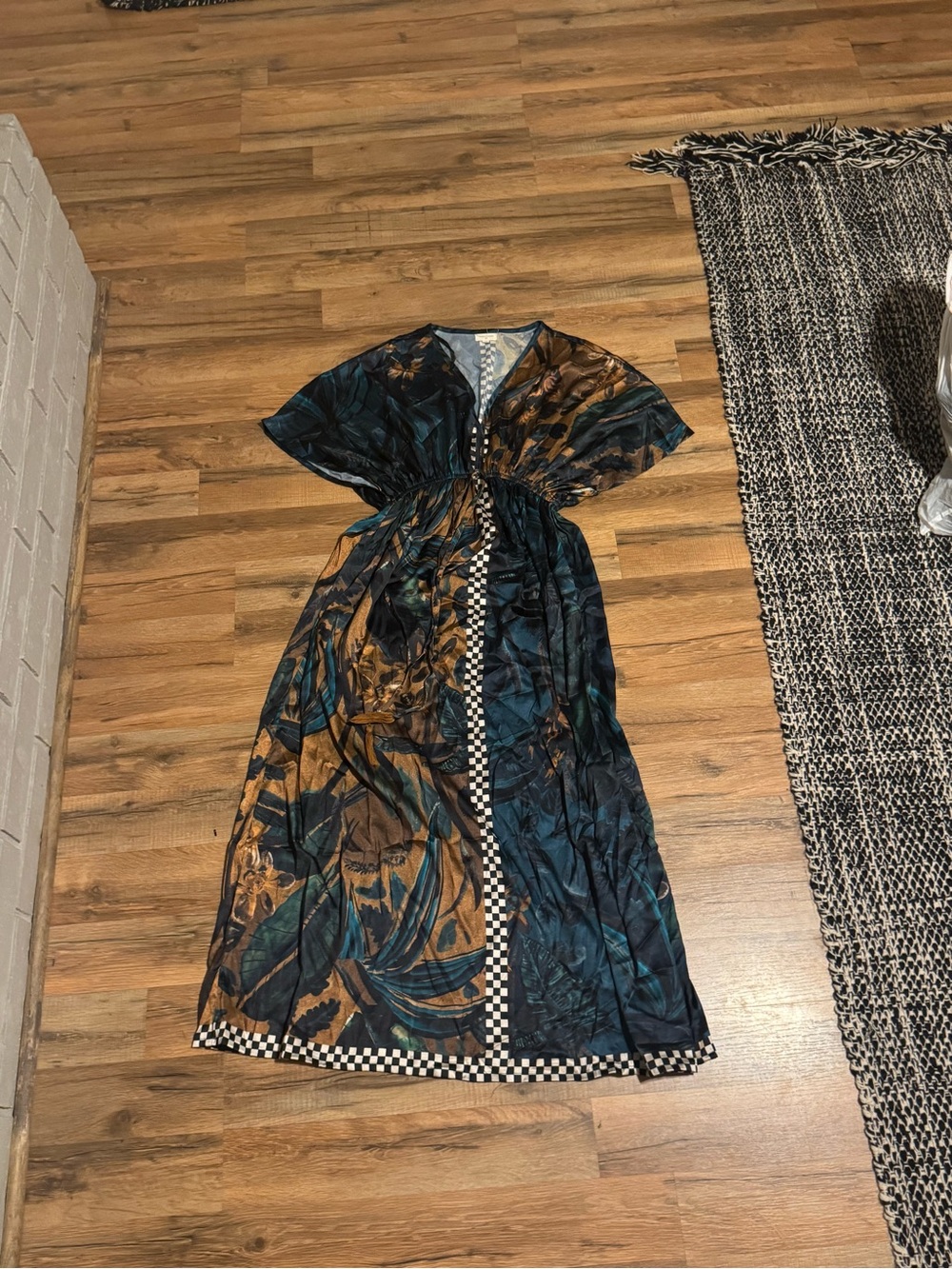 Cost Plus World Market Teal and Brown Maxi Dress with Check Trim